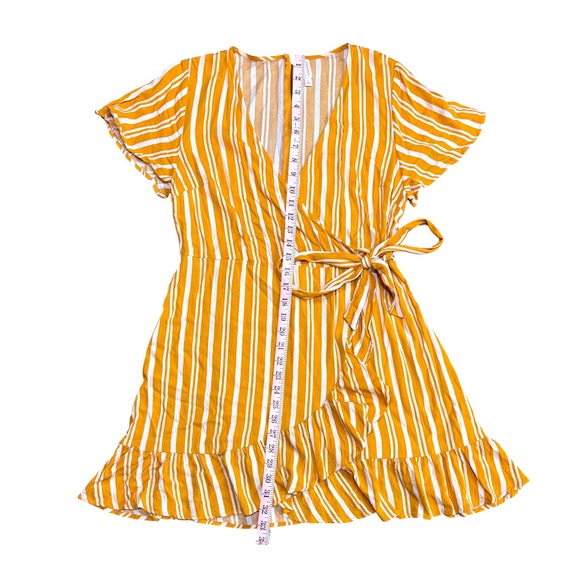 Xhilaration Women's Yellow Striped Ruffle Hem Wrap Dress Summer Casual L - Picture 4 of 6